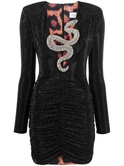 Philipp Plein Crystal-embellished Ruched Minidress In Black