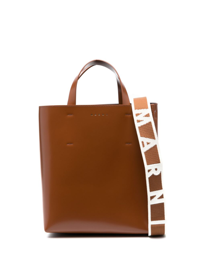 Marni Small Museo Leather Tote Bag In Braun