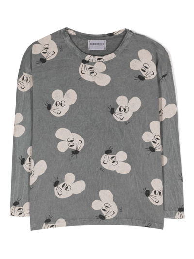 Bobo Choses Kids' Mouse-print Crew-neck Sweatshirt In Grey