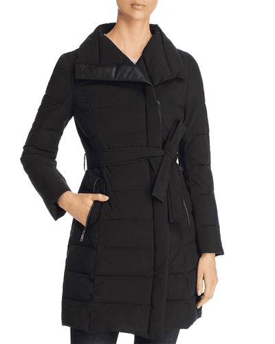 T Tahari Asymmetrical Belted Stand Collar Puffer Coat In Black