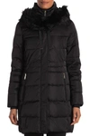 T TAHARI STEFANI FAUX FUR HOOD DOWN FILL FITTED PUFFER COAT IN BLACK