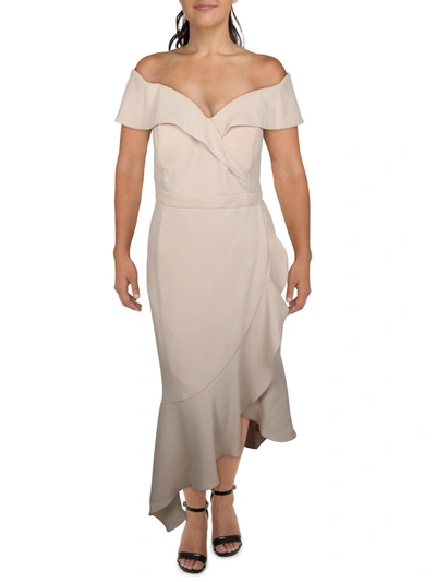 Xscape Plus Womens Off The Shoulder Asymmetric Evening Dress In Beige
