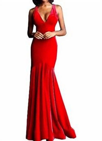 Jovani Velvet Open Back Long Dress In Red