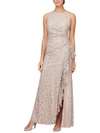 Alex Evenings Sequin Lace Cascading Ruffle Gown In Beige
