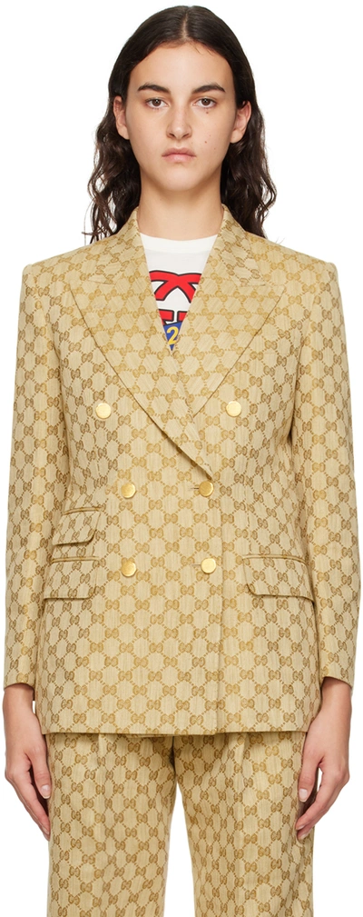 Gucci Gg-jacquard Cotton-linen Blazer In Nude & Neutrals