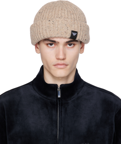 Emporio Armani Beige Ribbed Beanie In Pale Cream