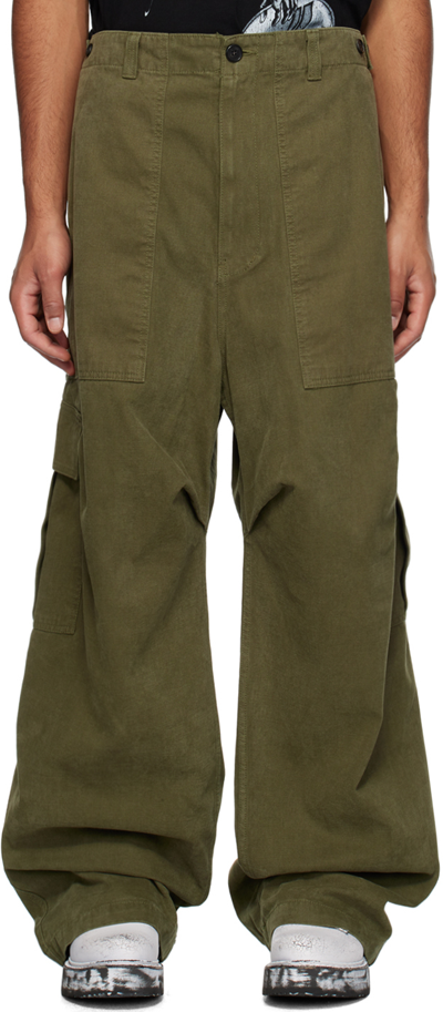 We11 Done Khaki Pleated Cargo Trousers