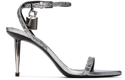 Tom Ford Silver Padlock Pointy Naked Heeled Sandals In 1g004 Silver