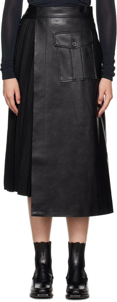 Lvir Black Pleated Faux-leather Midi Skirt