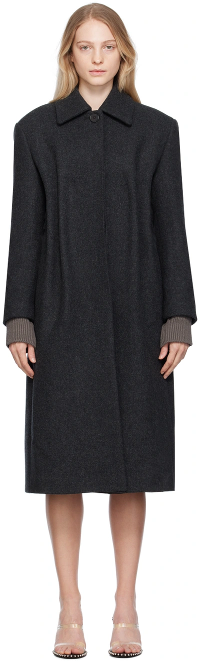 We11 Done Black Gathered Trench Coat In Charcoal