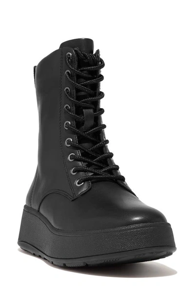 Fitflop F-mode Lace-up Leather Flatform Combat Boot In All Black- Leather