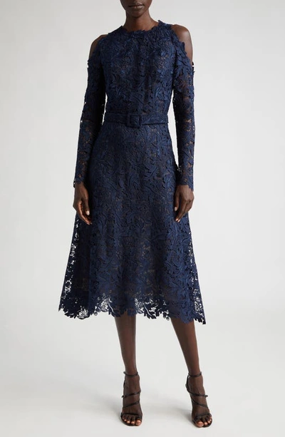 Oscar De La Renta Belted Cold Shoulder Guipure Lace Dress In Navy | ModeSens
