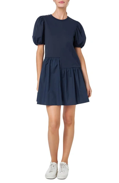 English Factory Puff Shoulder Mixed Media Minidress In Navy