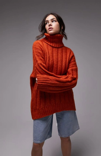 Topshop Turtleneck Rib Sweater In Orange