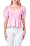 English Factory Women's Mixed Media Puff Sleeve Top In Pink
