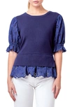 English Factory Mixed Media Eyelet Puff Sleeve Peplum Top In Navy