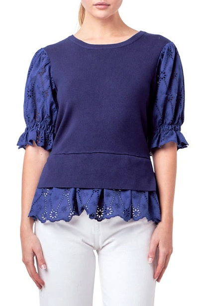 English Factory Mixed Media Eyelet Puff Sleeve Peplum Top In Navy