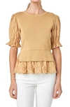 English Factory Mixed Media Eyelet Puff Sleeve Peplum Top In Tan