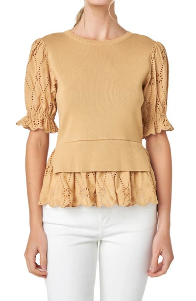 English Factory Mixed Media Eyelet Puff Sleeve Peplum Top In Tan