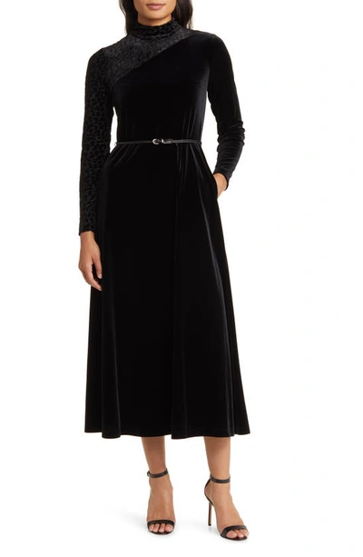 Anne Klein Long Sleeve Velvet Midi Dress In Black