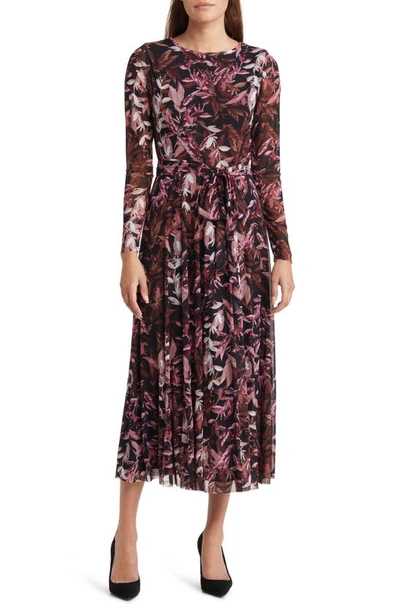 Anne Klein Leaf Print Long Sleeve Mesh Midi Dress In Black/rose Stone Multi