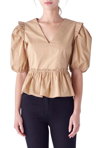 English Factory Puff Sleeve Peplum Cotton Top In Tan