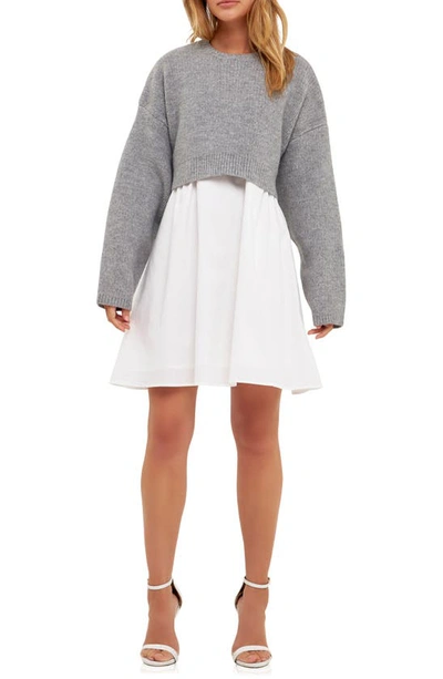 English Factory Sweater With Poplin Minidress In Heather Grey/ White