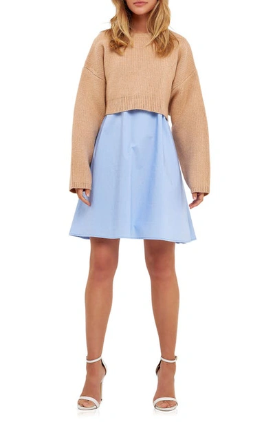 English Factory Sweater With Poplin Minidress In Tan/ Powder Blue