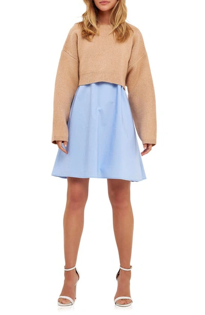 English Factory Sweater With Poplin Minidress In Tan/powder Blue