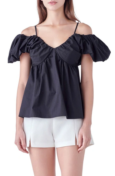 English Factory Puff Sleeve Cold Shoulder Top In Black