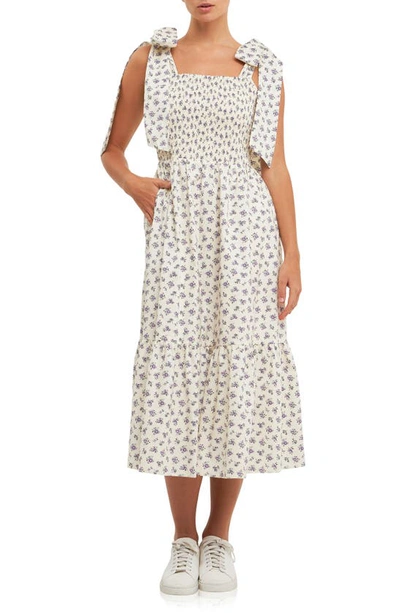 English Factory Women's Floral Bow Tie Midi Dress In Cream