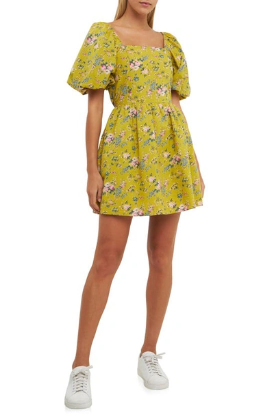 English Factory Floral Print Cutout Back Puff Sleeve Minidress In Celery