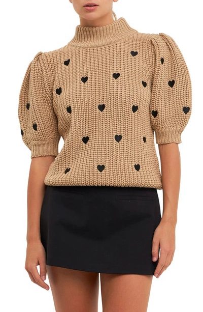 English Factory Women's Heart Shape Embroidery Sweater In Beige/black