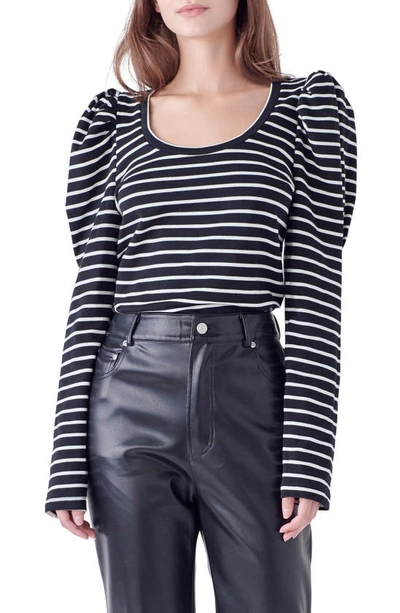 English Factory Women's Puff Sleeve Knit Top In Black/ White