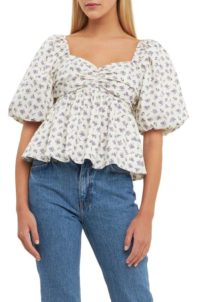 English Factory Floral Print Puff Sleeve Babydoll Top In Cream