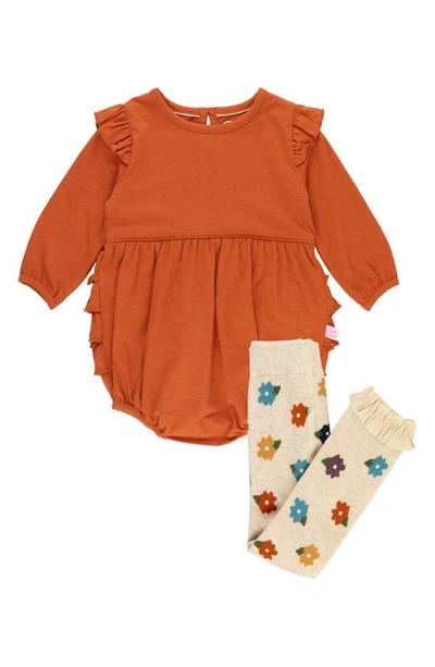 Rufflebutts Babies' Stretch Cotton Bubble Romper & Cotton Blend Tights Set In Rust