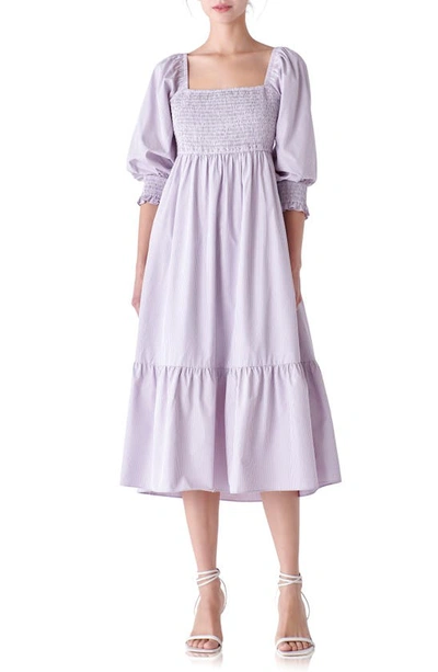 English Factory Gingham Smocked Puff Sleeve Midi Dress In Lilac/ Blush