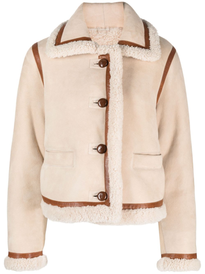 Claudie Pierlot Stripe-detail Leather Coat In Neutrals