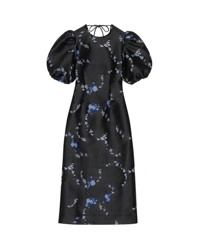 Ganni Floral-jacquard Recycled-blend Twill Midi Dress In Black