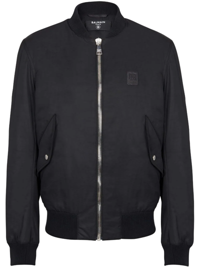 Balmain Sleeve Ribbed Collar Bomber With Logo Zipper In Black