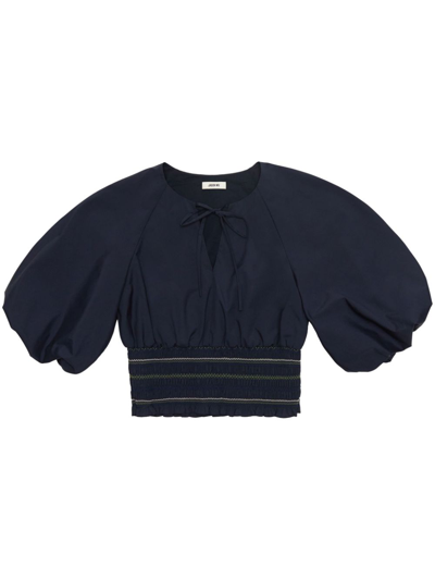 Jason Wu Smocked Blouson-sleeve Keyhole Blouse In Navy