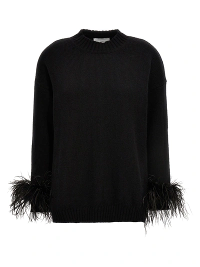 Sleeper Agatha Feather Trim Wool & Cashmere Pajama Sweater In Black