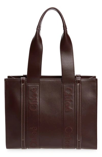 Chloé Medium Woody Leather Tote In Deep Violine 55p