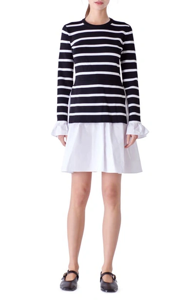 English Factory Women's Poplin Combo Knit Dress In Black Stripe