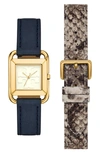 Tory Burch Women's The Miller Blue Leather Watch 32mm Gift Set In Navy/ Gold