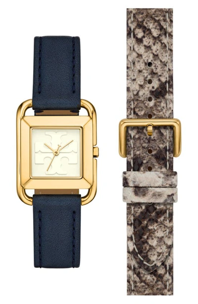 Tory Burch Women's The Miller Blue Leather Watch 32mm Gift Set In Yellow Gold