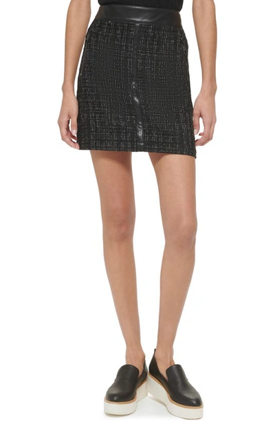 Dkny Bouclé Tweed Faux Leather Trim Miniskirt In Black