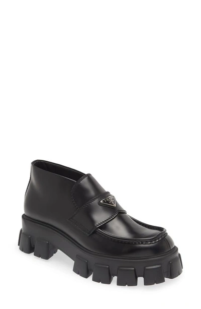 Prada Men's Monolith Lug-sole Brushed Leather Loafers In Black