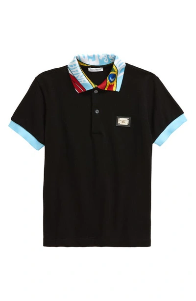 Dolce & Gabbana Kids' Logo Plaque Cotton Piqué Polo In Black