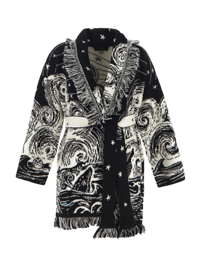 Alanui Graphic Pattern Belted Fringed Cardigan In Black